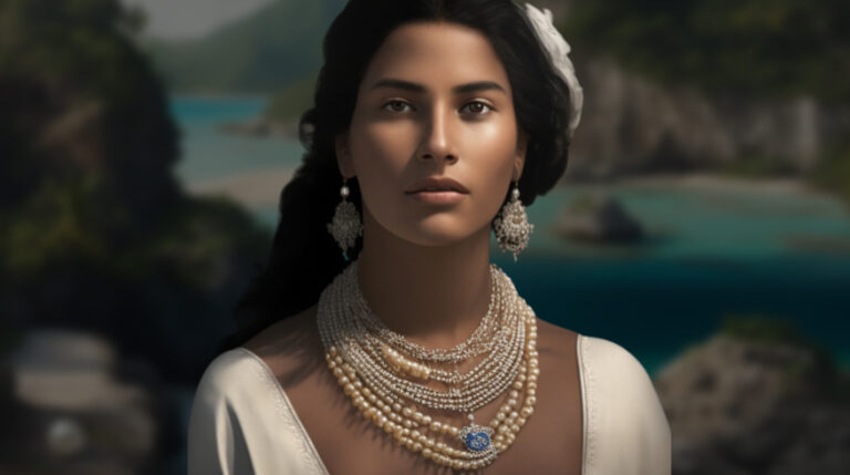Mujer con vestido blanco y un collar de perlas, pienl trigueña, que representa a la mujer que vieron los españoles en la Isla de Cubagua. Creada con la AI Leonardo.