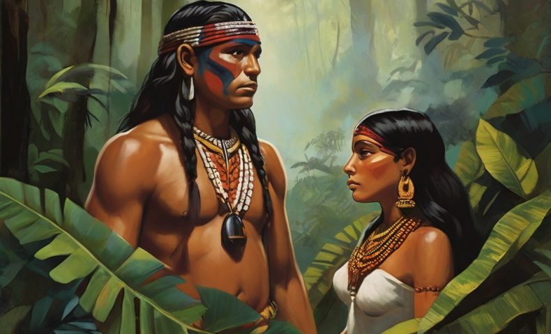 Indígena hombre y mujer uno al frente de otro, en medio de la selva.